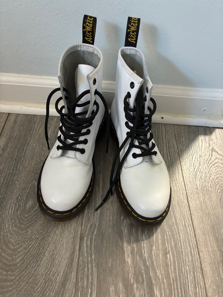 Dr. Martens White Leather 8-Eye Lace-Up Boots With Black Laces